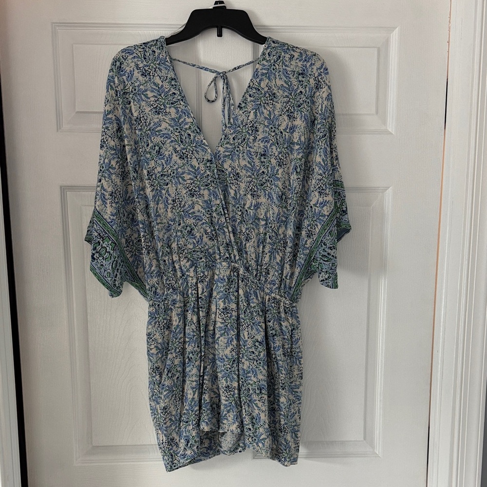 Floral Blue and Green Kimono Romper